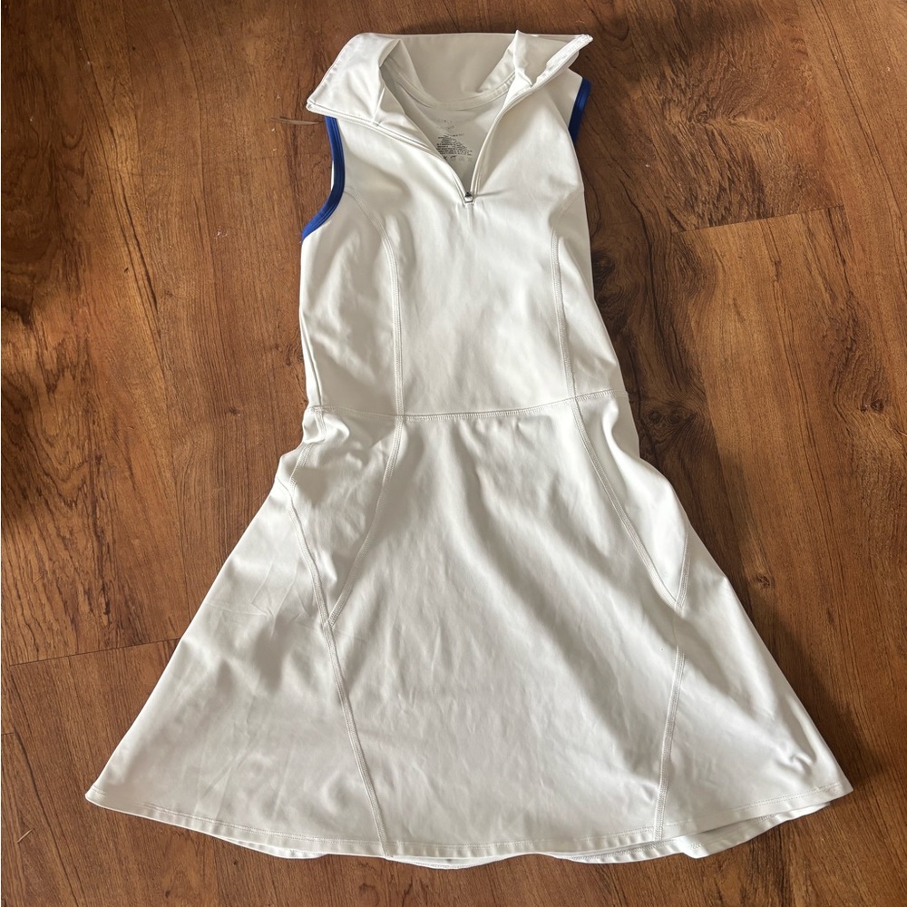 White Sleeveless Dress with Blue Trim